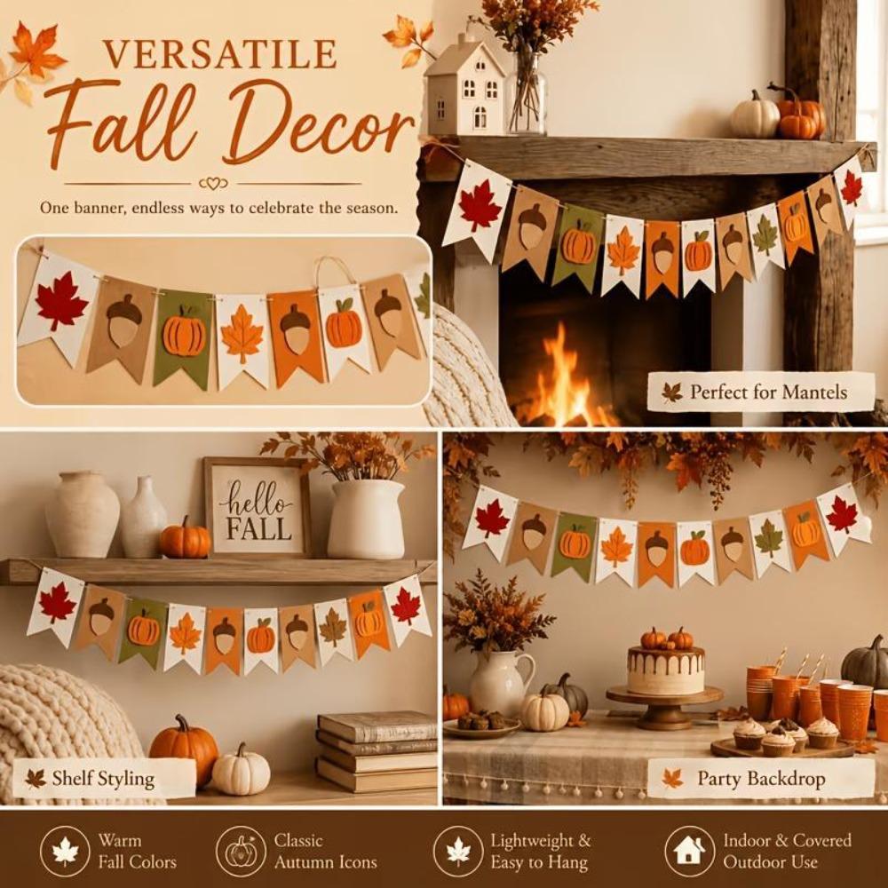 1PC Felt Autumn Banners Maple Leaf Pumpkin Acorn Flags DIY Thanksgiving Rustic Farmhouse Hanging Banners Party Home Decor Gift