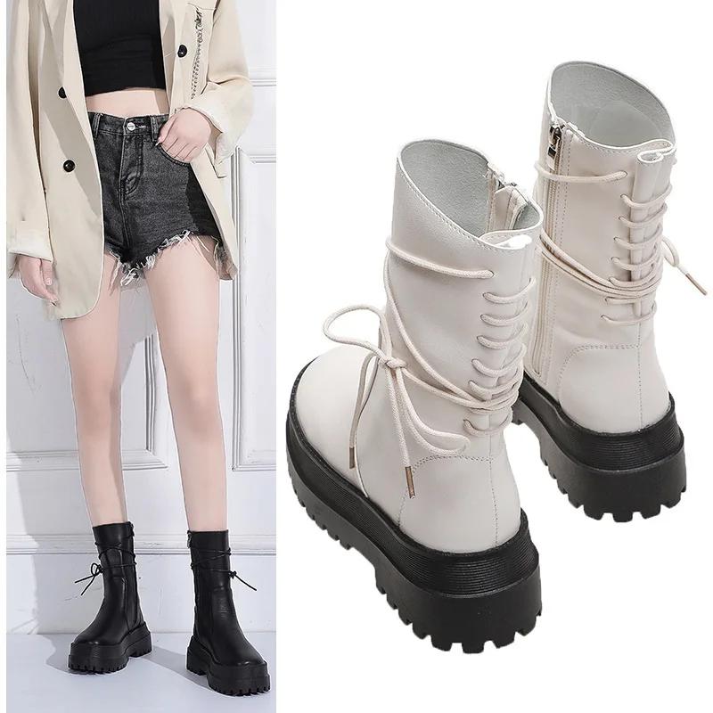 Women Boots  New Leather Thick-soled 6 Boots Women's Short Boots Side Zipper Rider Boots Back Lace Mid-tube Boots