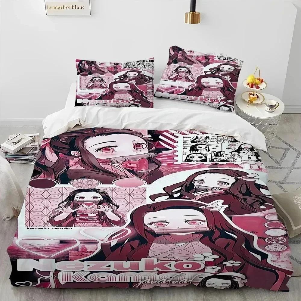 Conjunto de Roupa de Cama Dupla Infantil com Capa de Edredom e Fronhas do Anime Demon Slayer - Venda Quente 3D - Decoração de Quarto de Casa - Presente para Meninos Meninas