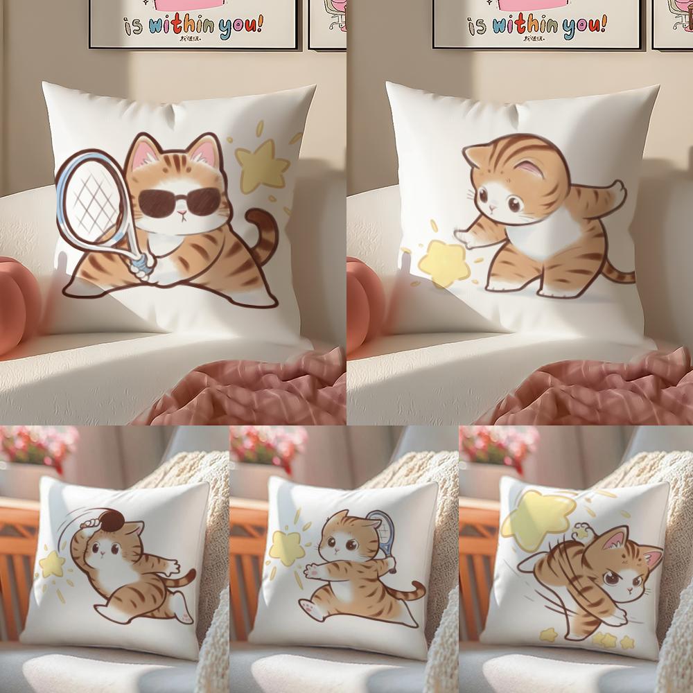 Cute Cat Athlete Childlike Heart Pillow Case Double-Sided Plush Sofa Cushion Covers Organic Breathable Invisible Zipper