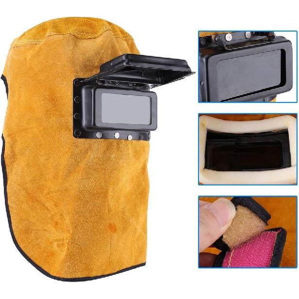 Welding Helmet Face Shield with Lens,Leather Welding Hood Work Cap,Adjustable Welding Helmet Protective Mask,Sweat Absorption,Heat
