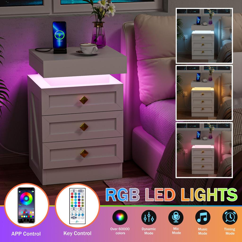 Bedside table, three drawers, with charging station, 2 AC power outlets/2 USB ports, European standard plug, white.