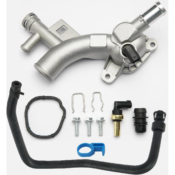 Aluminum Engine Coolant Housing Water Outlet Kit with Inlet Hose and Oil Cooler Hose Compatible with 2011-2021 Chevy Cruze Sonic Trax, Buick Encore