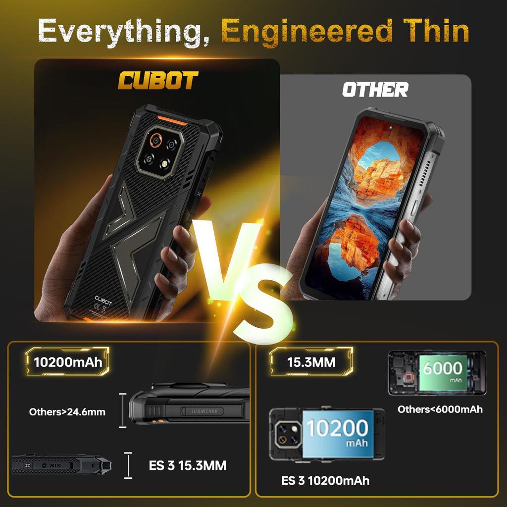 CUBOT Kingkong ES 3 Android 15-10200mAh/33W Battery, 16GB+256GB/TF 1TB, 6.74''Display, 48MP+16MP Camera, 4G Dual SIM/Face ID/IP68/IP69K/NFC/GPS