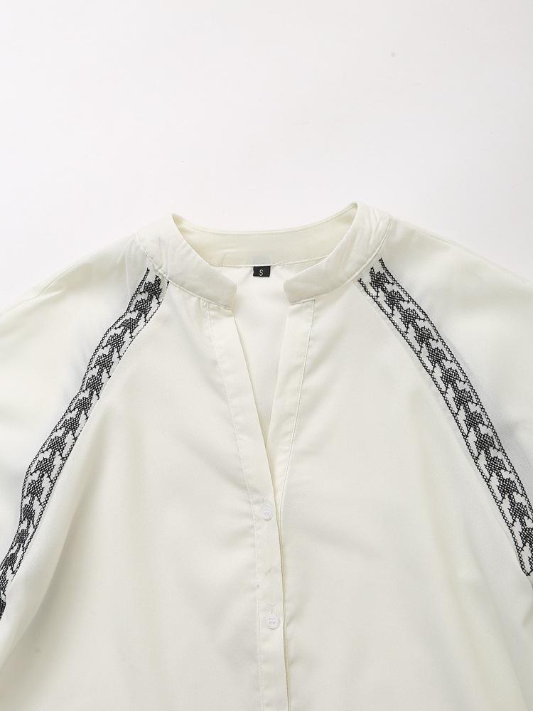 Evropský a americký styl 2025 Jaro/Podzim Stojáček Color Block Vyšívaná Volná Košile