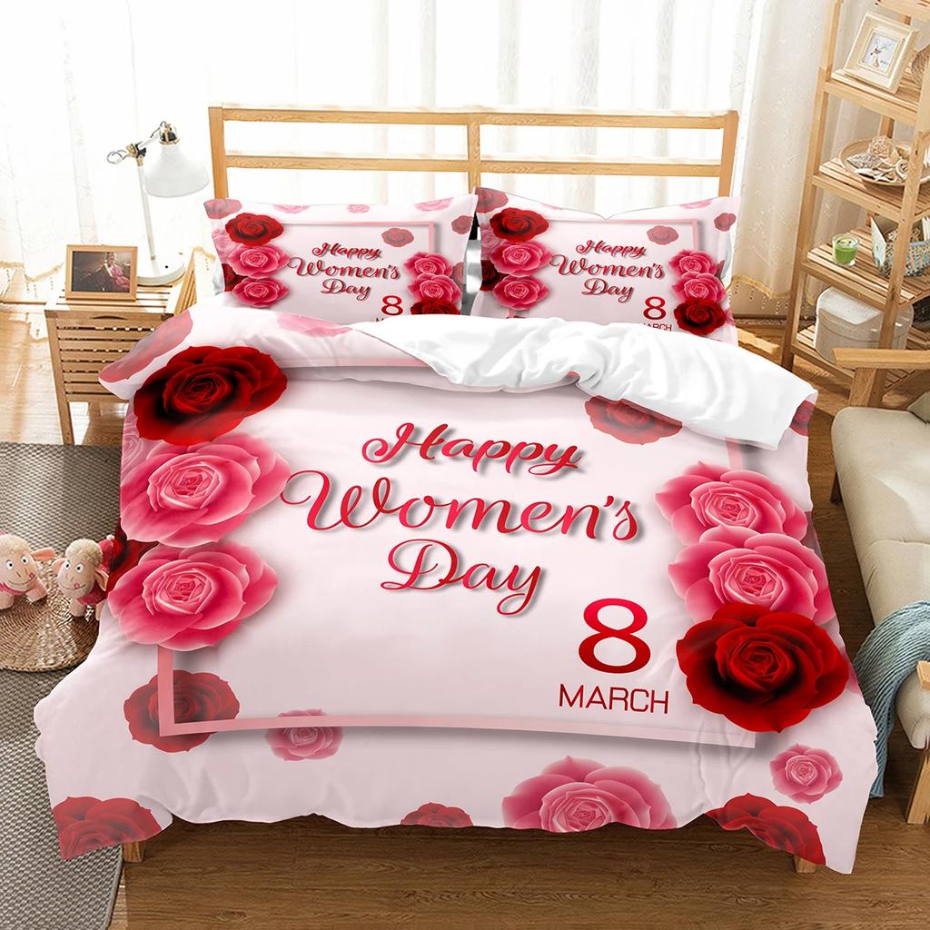 Comforter Romantic Floral Happy Women'S Day Bedding Set Polyester March 8 Comforter Single King Size For Mother Gift