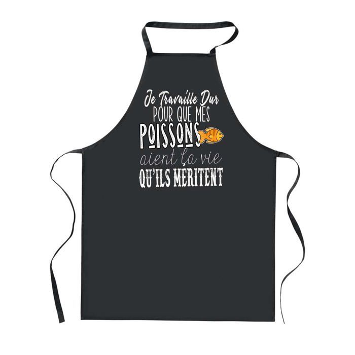 Tablier de cuisine - PLANETEE - Poisson Travailler Dur - Noir - Tissu résistant - 90x60 cm