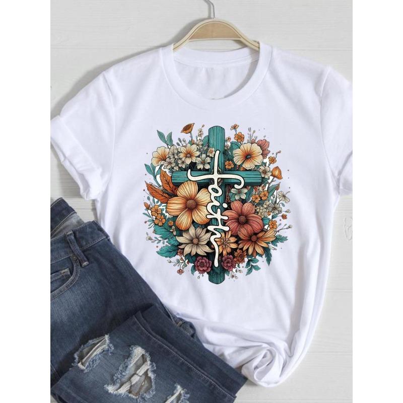 (European Size) Cute Women Tee Faith Letter Style Top Short Sleeve Fashion Print Lady Clothing Casual  T-shirt Female Graphic T-shirts