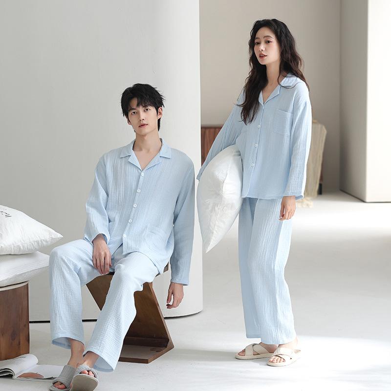 Large size couple pajamas autumn 1011 new spring and autumn cotton double-layer gauze long-sleeved trousers loungewear set