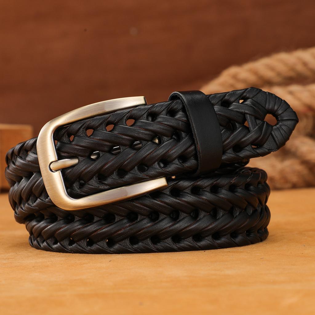 Belt for Men's Retro Hand-woven Genuine Leather Pants Belt for Students' Pin Buckle Versatile Trendy Young People