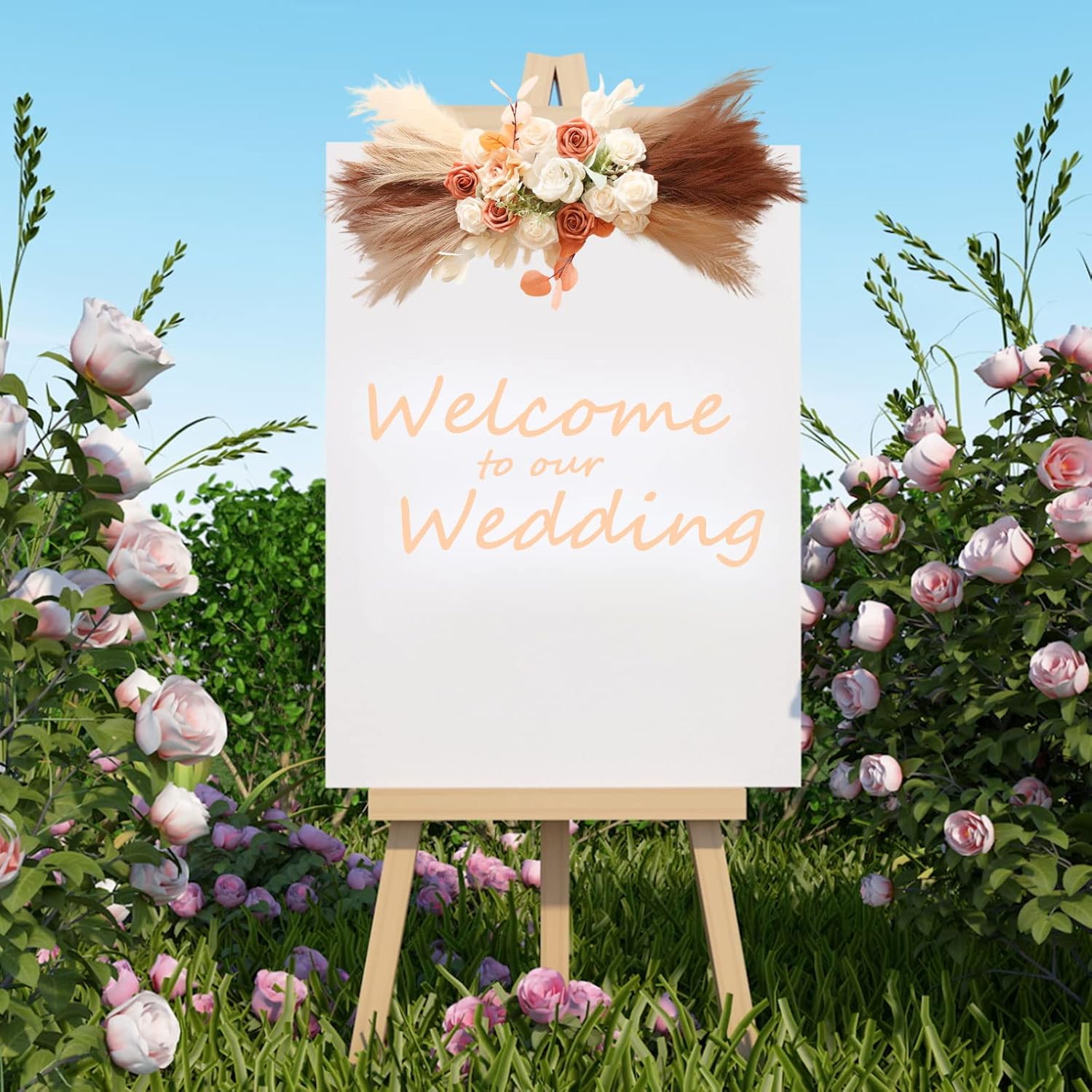 Rose Swag Arch, Wedding Arch Flowers with Faux Pampas Grass, Boho Reed Plumes Floral Swags for Wedding Ceremony Sign, Artificial Flower Garland for