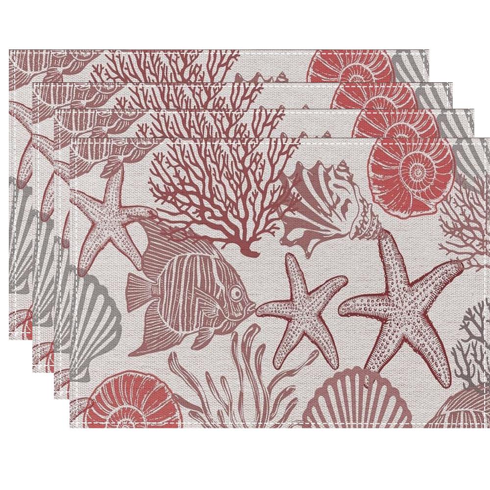 Hot Summer Beach Placemats Starfish Beach Theme Ocean Shell Printing Dust-proof and Heat-insulating Summer Placemats