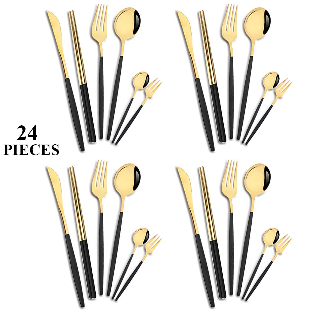 24Pcs White Gold Dinnerware Set Stainless Steel Tableware Knife Fork Spoons Teaspoon Chopsticks Cutlery Set Kitchen Flatware