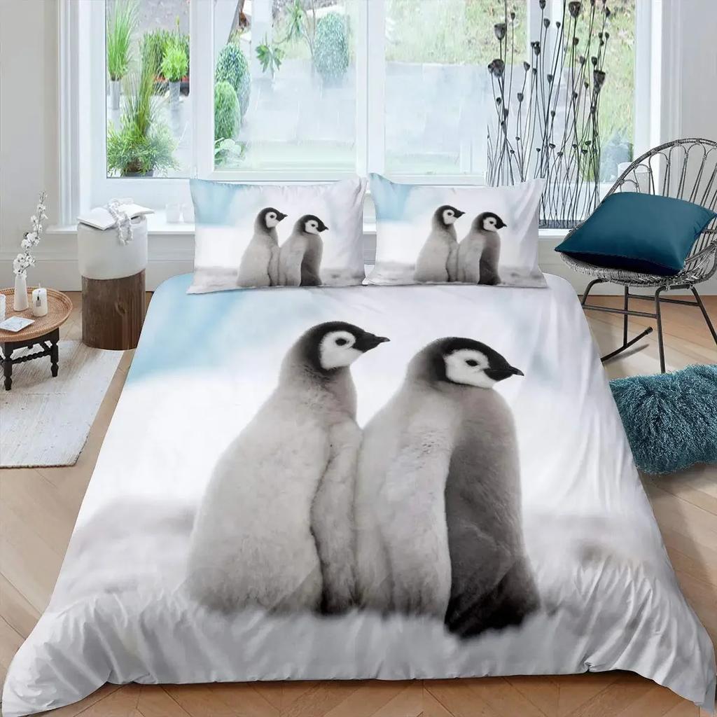 Penguin Duvet Cover Set Antarctic Animals Bedding Set for Kids Boys Girls Cartoon Style King Size Winter Theme Comforter Cover