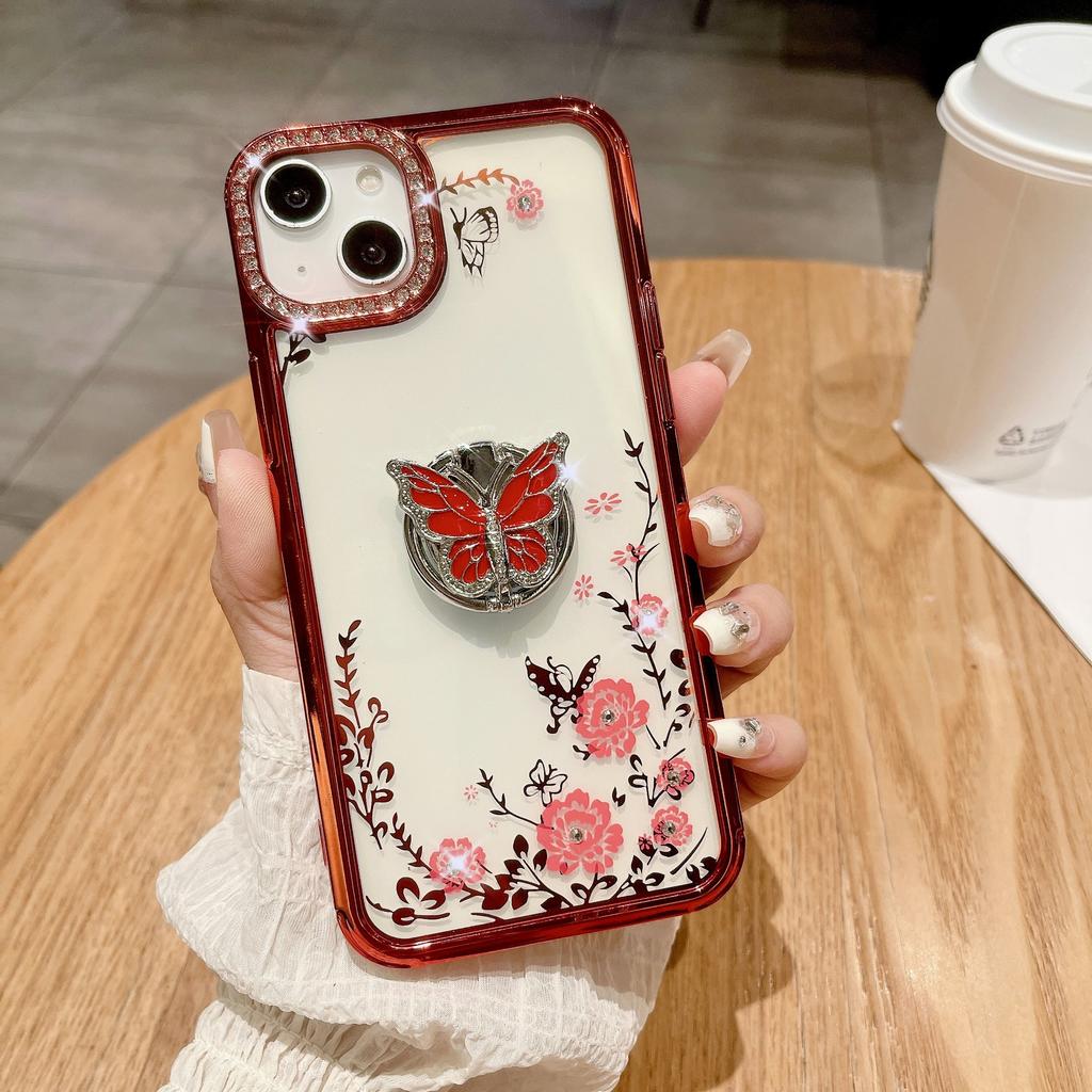 Applicable To Apple 15ProMax Phone Case, IPhone14 Electroplated Butterfly Ring Stand, Lens Flash Diamond Protective Case