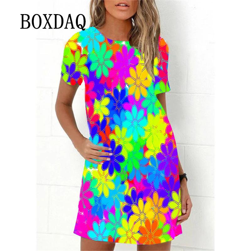 Ladies Spring Summer Dress Rainbow Flowers Fashion Elegant Short Sleeve O-Neck Oversized Casual Party Wear Sundress