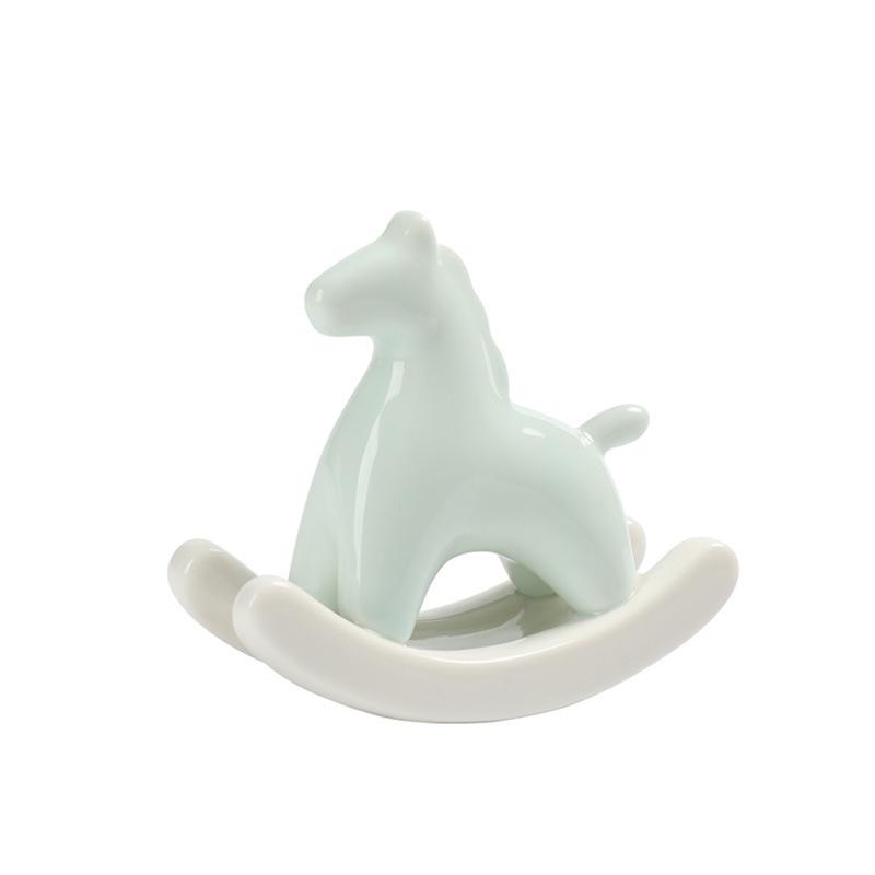 Modern Minimalist Ceramic Rocking Horse Ornament - Cute Green & Pink Tea Pet Decor for Home