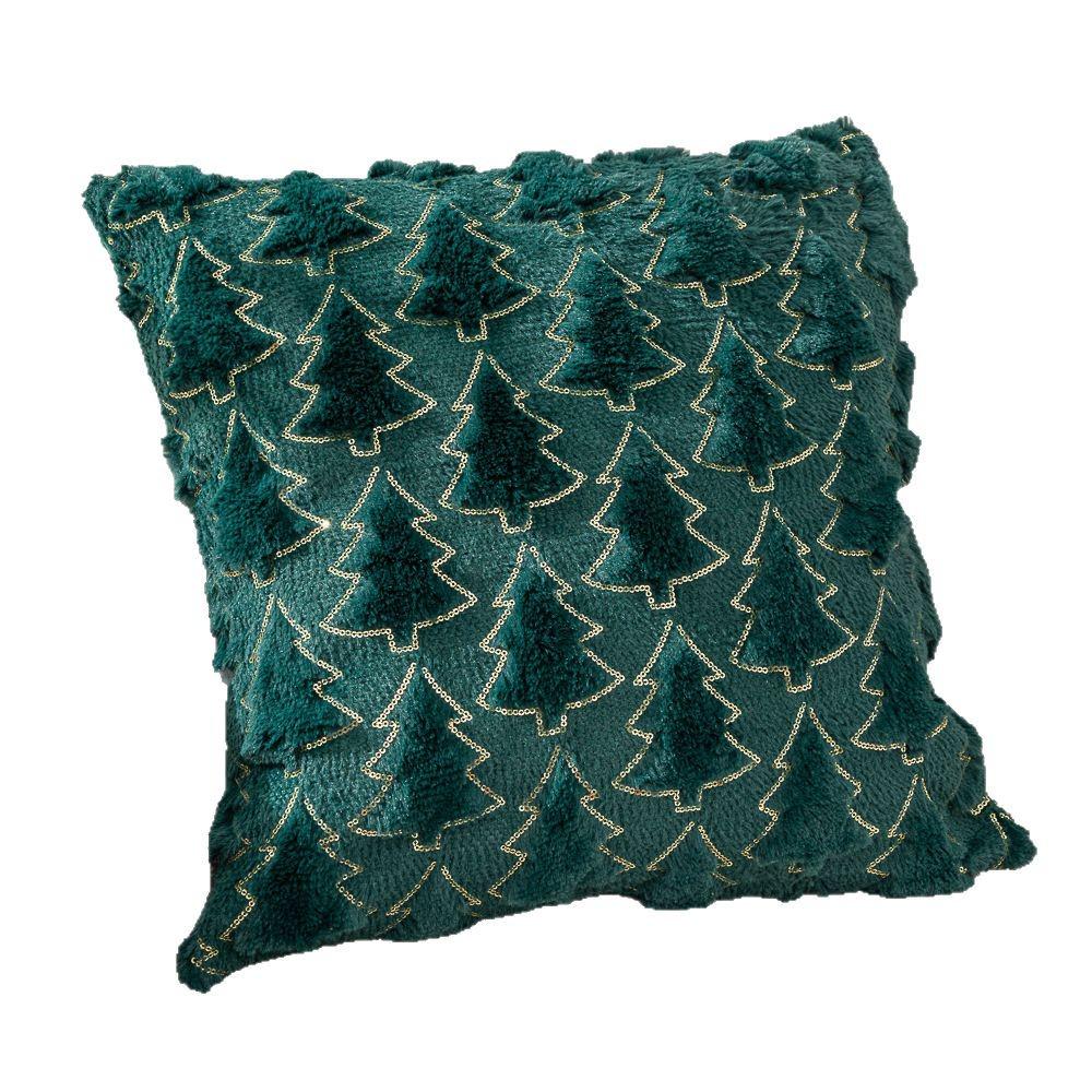 Christmas Tree Fleece Cushion Cover with Star Embroidery - Holiday Sofa Decoration Pillow Cover