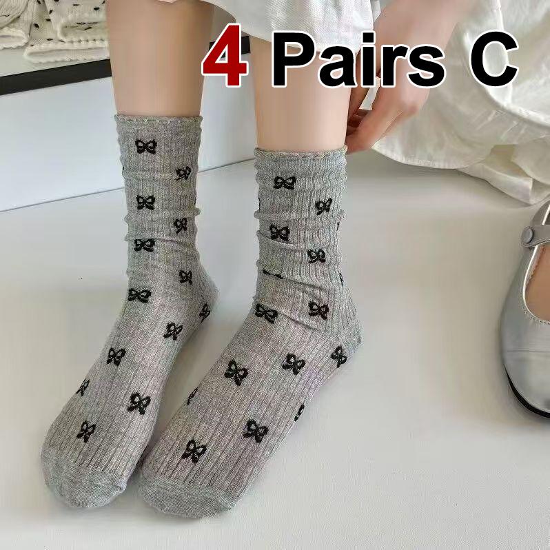 

4 пары женских носков средней длины с бантом в горошек, летние тонкие, легкие, дышащие, с цветочной каймой, милые, девчачьи, с ворсом в виде сердца One Size