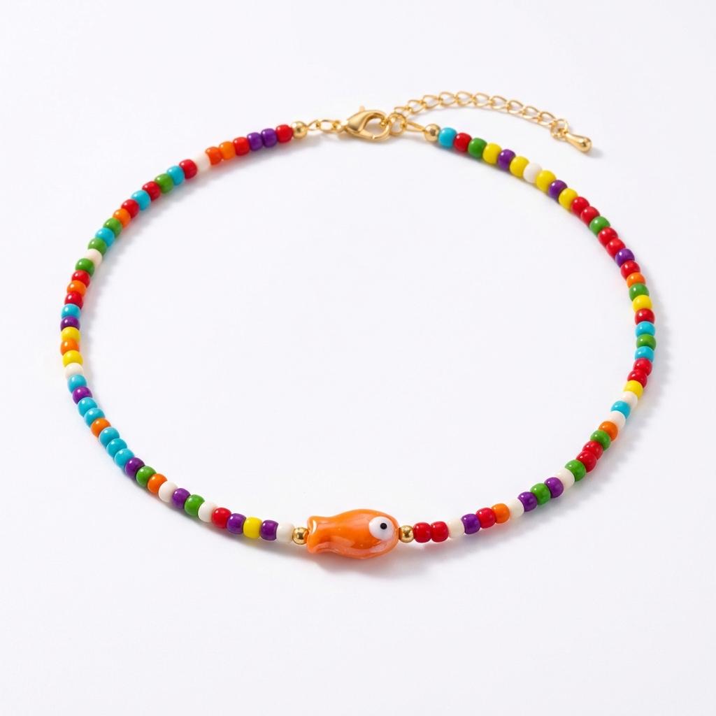 Bohemian Rice Beads Ceramic Fish Necklace for Women Handmade Colorful Beaded Choker Summer Beach Vacation Party Jewelry Gift