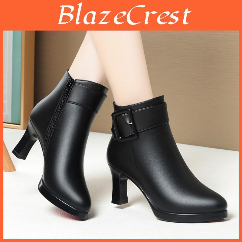 Leather Women High Heels Genuine Women Ankle Boots Autumn Winter Platform Plush Ladies Boots Brand Fashion Women Shoes