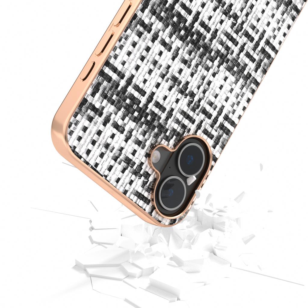 For iPhone 16 Plus Case Electroplating Edge Plaid Texture PU Leather+PC+TPU Phone Cover