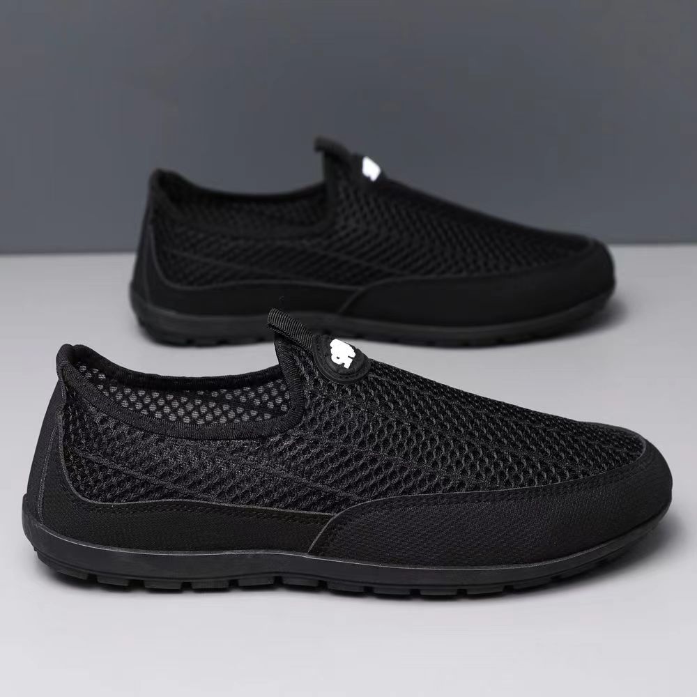 

Breathable hollow men s shoes 2025 one-pedal lightweight casual shoes mesh men s flying woven trendy shoes driving Doudou shoes 44 чёрный