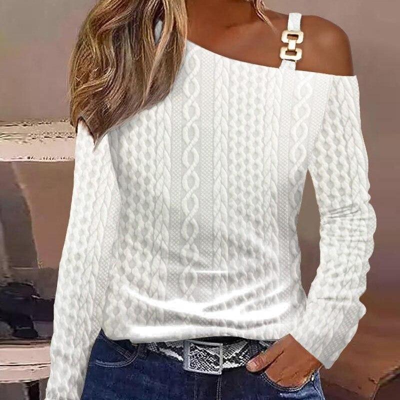 Autumn Fashion Metal Buckle Skew Collar Shirt Women Print Blouse Sexy Off Shoulder Tops Long Sleeve Clothes Blusas 29306