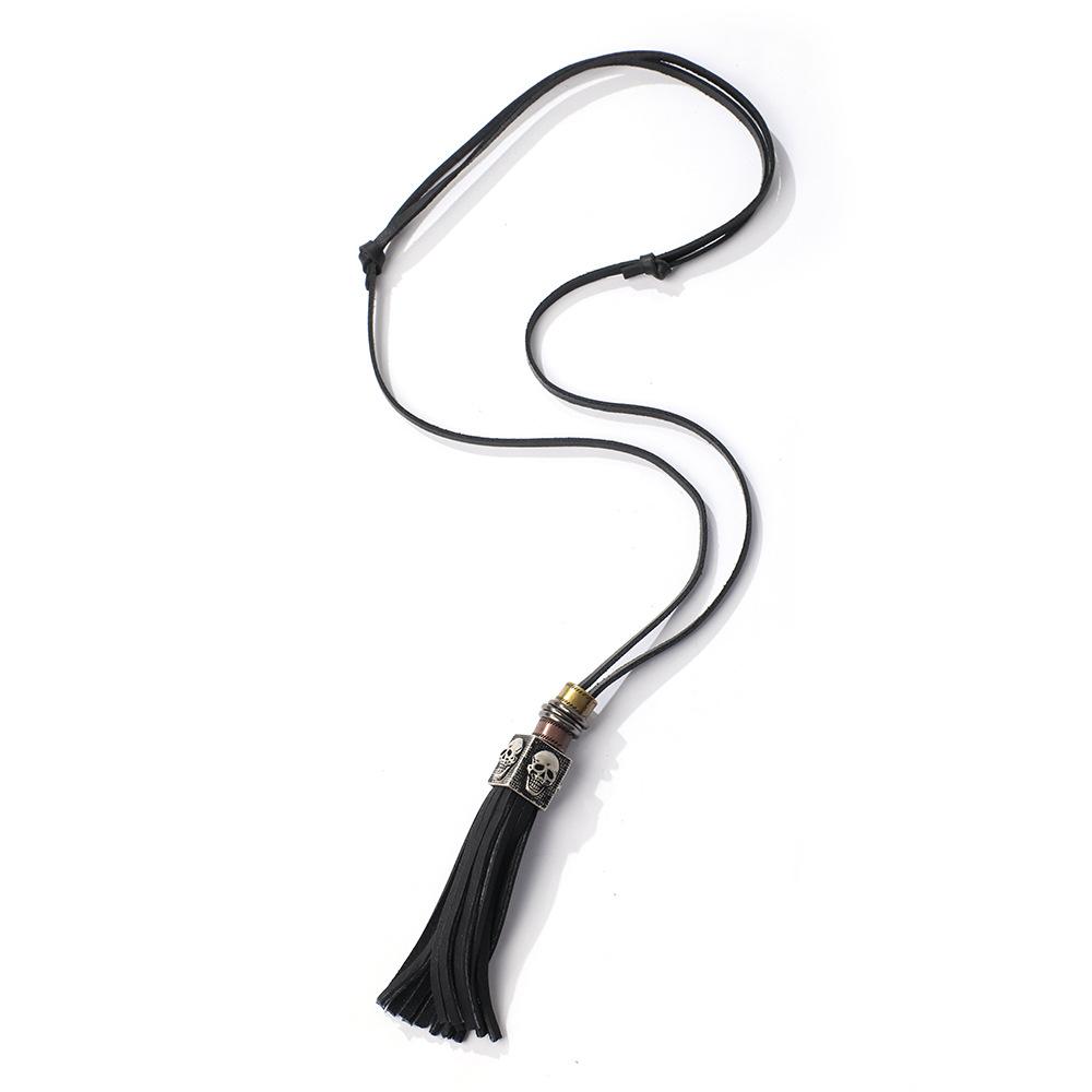 JMXD Genuine Leather Skull Pendant Long Cord Necklace Fashion Retro British Street Style Unique Accessory for Men Women