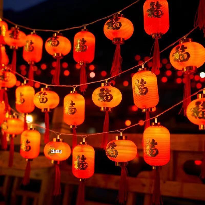 Solar-Powered New Year Lantern String Lights with Fu Character and Lucky Bag Design