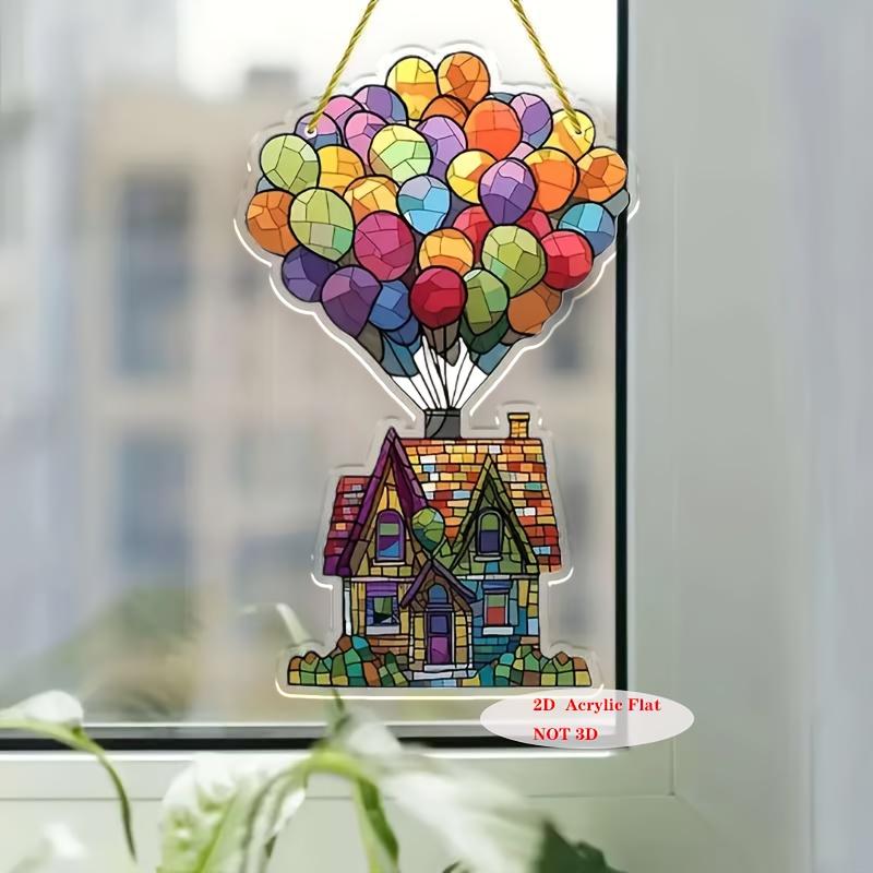 2D Flat Glass-Style Colorful Acrylic Hot Air Balloon and House Desktop Decoration, Suitable for wall Decoration, porch, Room, Villa, accents Home, Hal