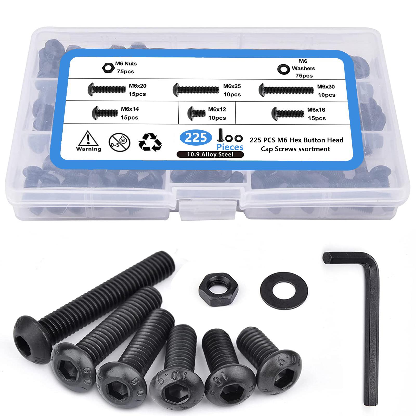

225 шт. M6 x 12/14/16/20/25/30 мм Винты с полукруглой головкой и шестигранным углублением под ключ, Болты, Гайки, Шайбы, Набор для сортировки, Легированная сталь класса 10.9, Черный