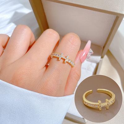 Real Gold Full Diamond H Wedding Ring Ring Opening Adjustable Simple Jewelry Japanese Ring Couple Ring