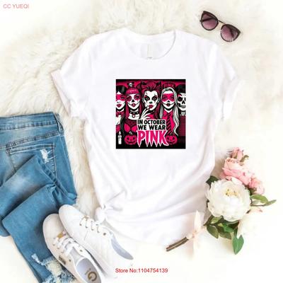 In October We Wear Pink Ladies T Shirt Breast Cancer Awareness Halloween Top Vintage Washed Versatile Breathable Graphic
