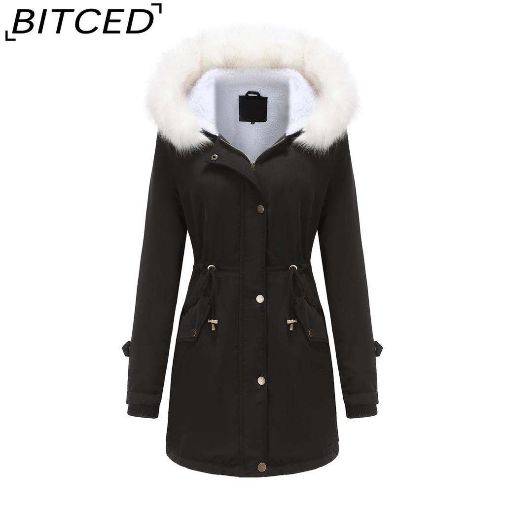 BITCED Autumn/Winter Detachable Fur Collar Women's Parka Long-Sleeved Hooded Cotton Coat Fleece Overcoat