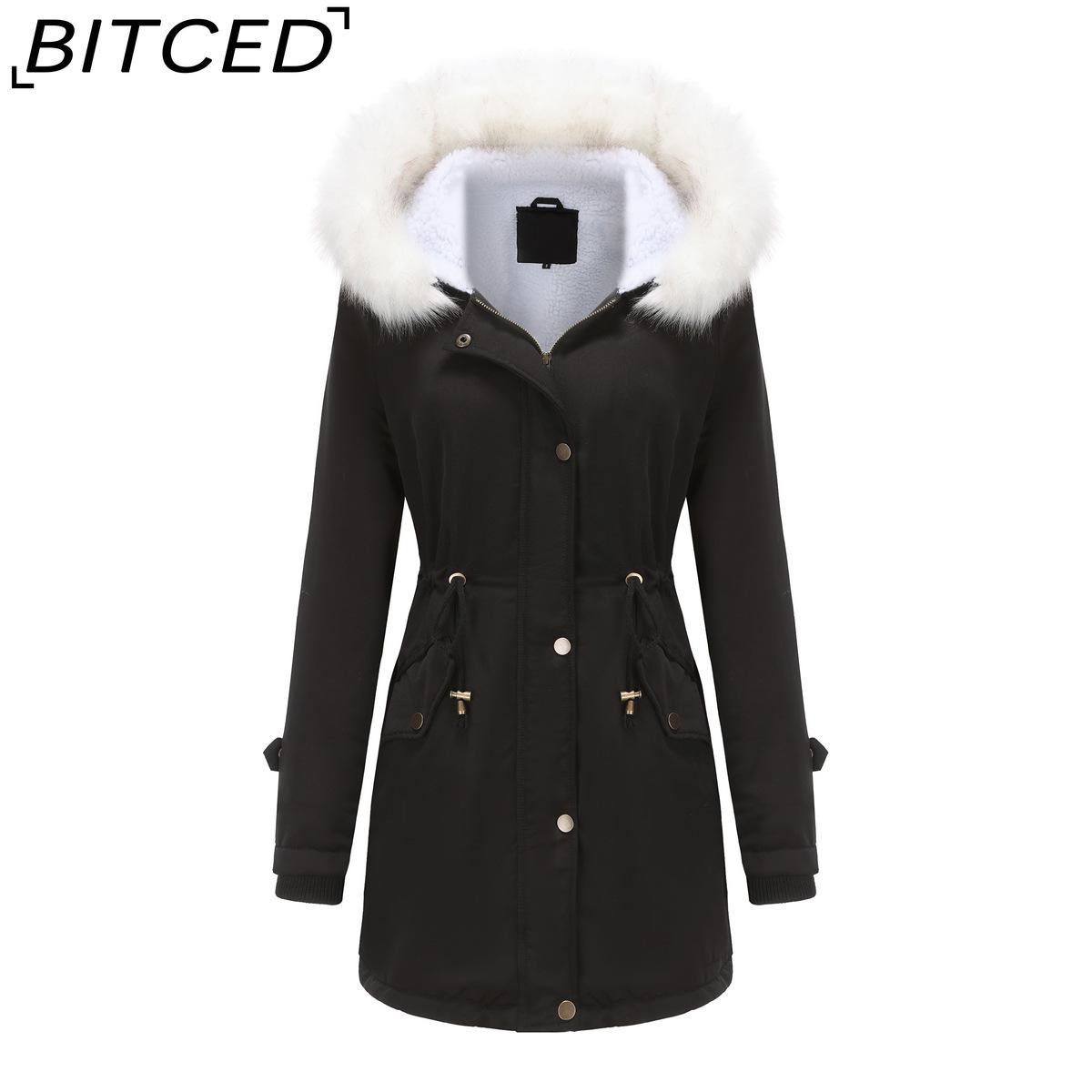 

BITCED Autumn/Winter Detachable Fur Collar Women s Parka Long-Sleeved Hooded Cotton Coat Fleece Overcoat S чёрный