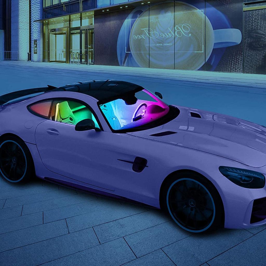 SUPER COCHE Kit de Tira de Luz LED para Coche con Activación por Sonido y Kit de Luz Ambiental de Neón CC Inalámbrico EJ's 4 Piezas 48-LED Mando a Distancia, 12V, Multicolor, Música,