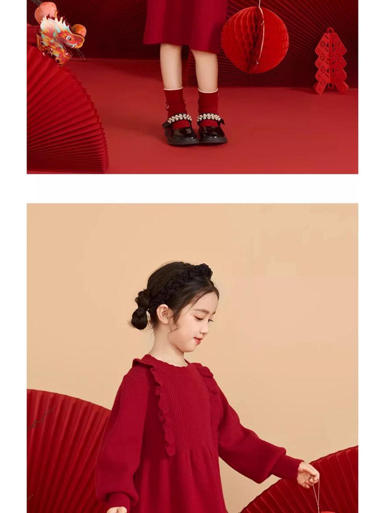 Girls' Long Sleeve Red Woolen Knit Dress – Stylish New Year Outfit for Older Children