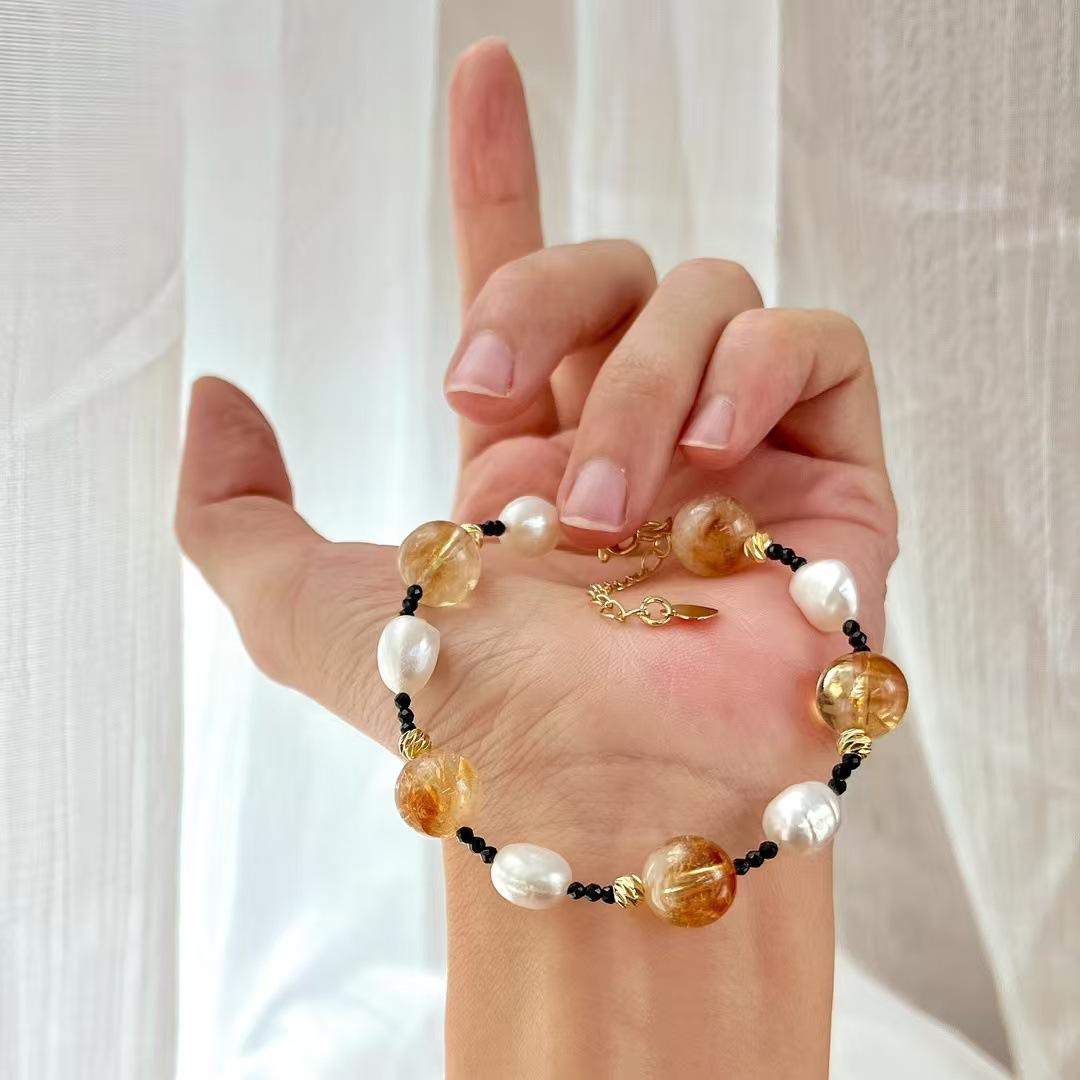 Retro High Quality Natural Freshwater Pearl Citrine Contrasting Color Design Bracelet