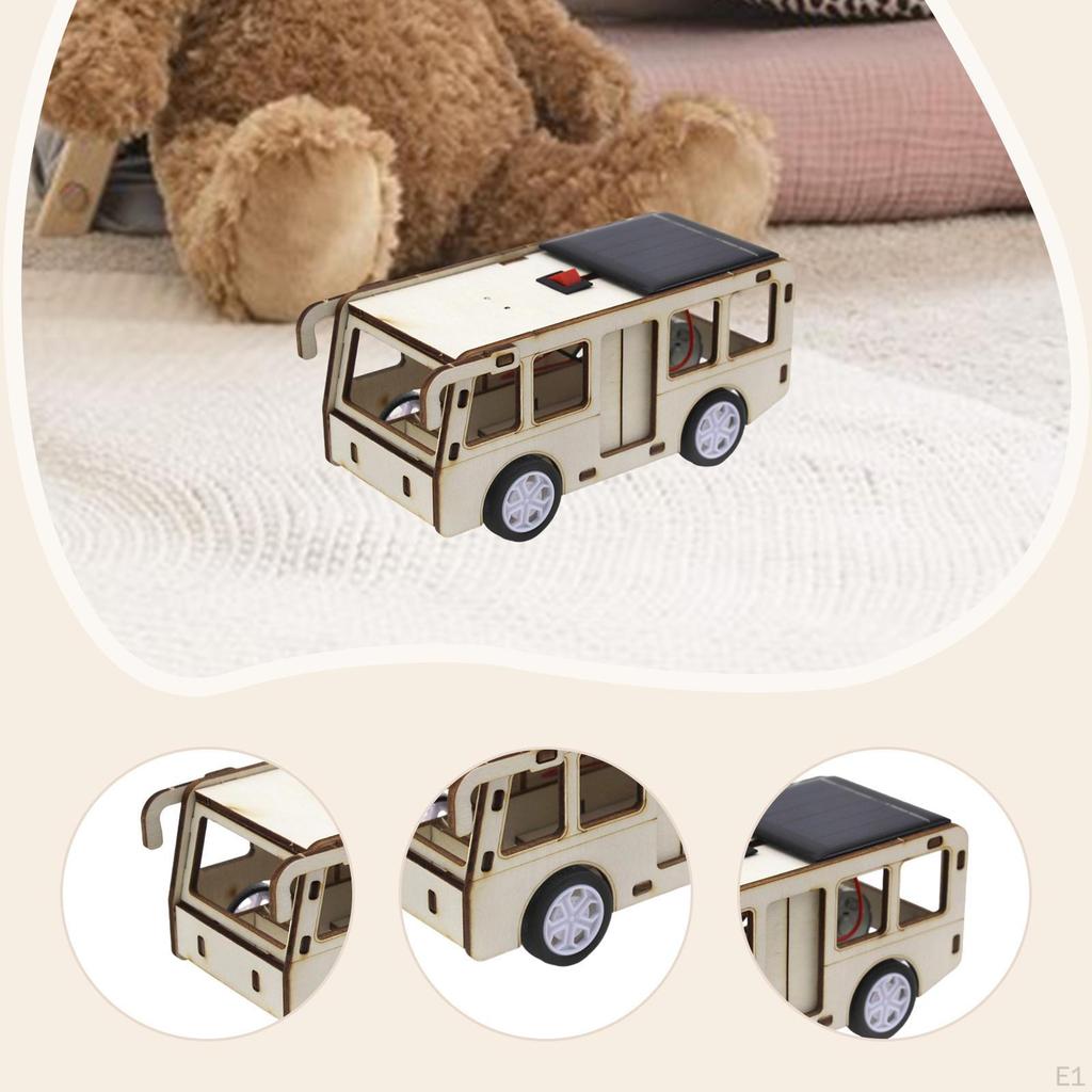 Solar Powered Wood Bus Toy Car Children Educational Project Kit Desk Decor Reusable DIY Crafts