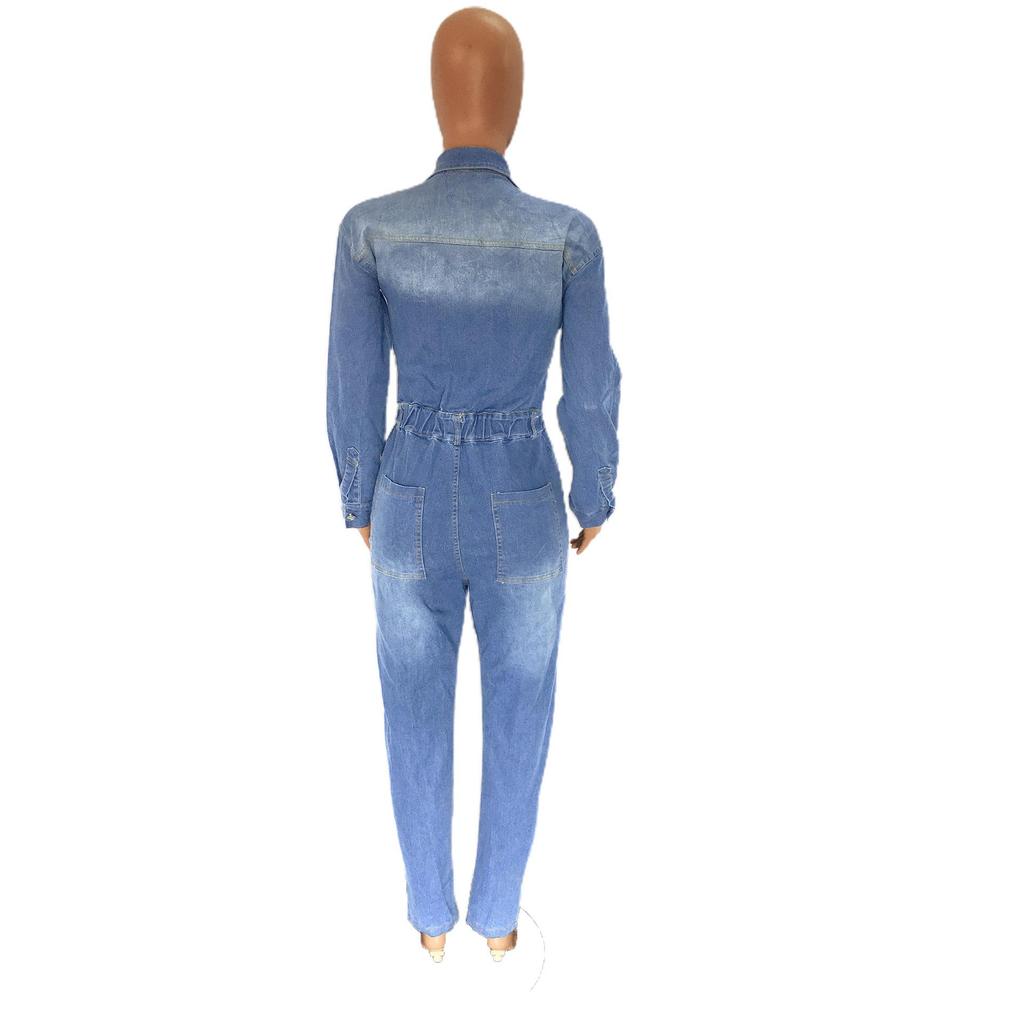 European & American Slim Fit Stretch Denim Jumpsuit with Small Leg Opening