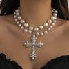 Multiple Layers Fold Wear Imitation Pearl Chain Beaded Gothic Cross Pendant Necklace for Women Retro Punk Collar Jewelry Gifts