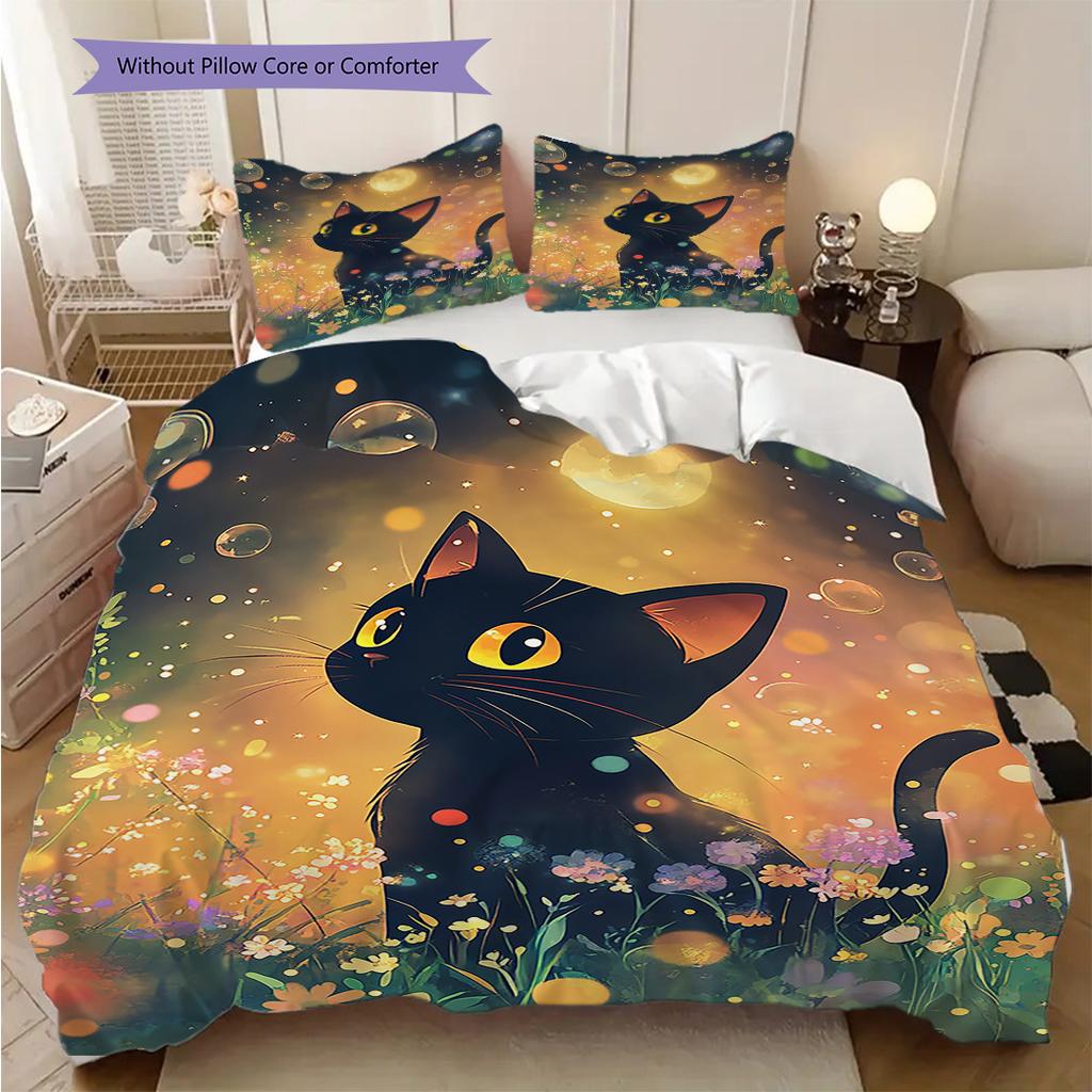 Black Cat Pattern Bedding Quilt Set Quilt Cover Pillowcase Home Decoration Birthday Gift (1 * Duvet Cover + 2 * Pillowcase, Without Core)