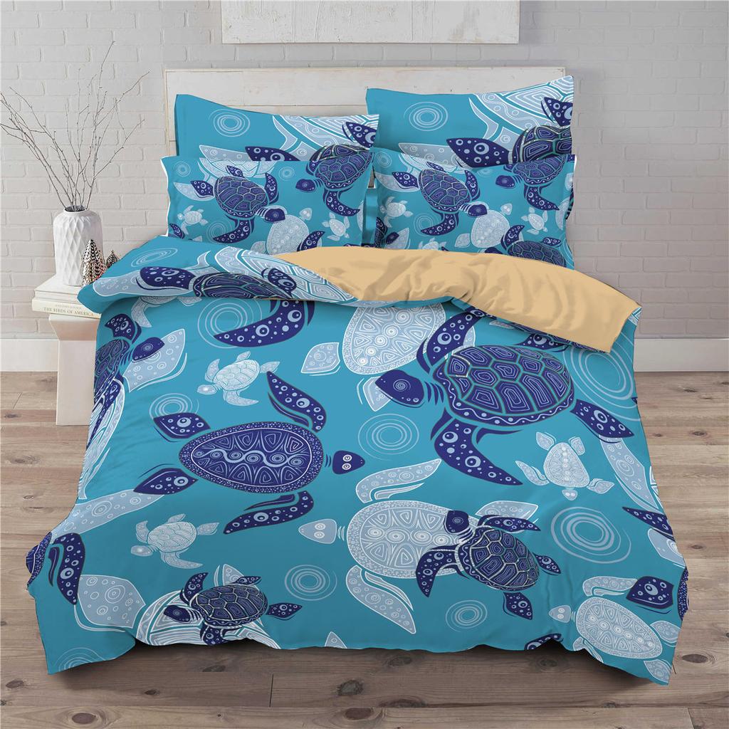 Sea Turtle Duvet Cover Queen Size Boy Beach Turtle Comforter Cover Polyester 2/3pcs Teal Aqua Blue Abstract Tortoise Bedding Set