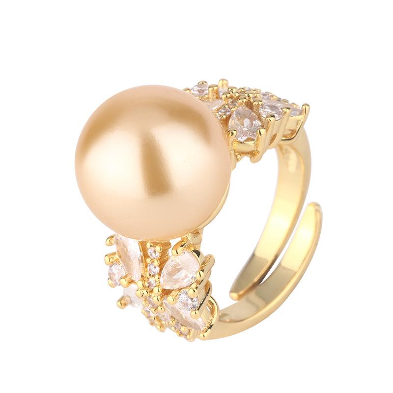 4 Jewelry Copper Platinum Plated Row Ring Pearl Temperament Light Luxury Women'S Ring 14Mm