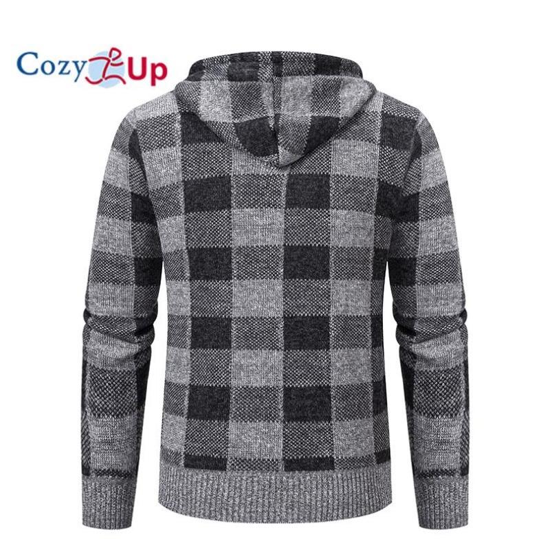 Cozy Up Men Sweater Coat  Autumn Winter Thick Warm Hooded Plaid Wool Sweater Cardigan  Zipper Fleece Coat Men