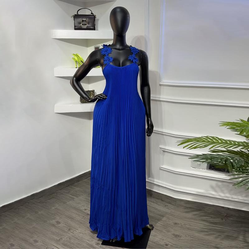 Women's Clothing, Spring New Temperament Three-dimensional Flower Shoulder Strap Solid Color Pleated Backless Suspender Dress