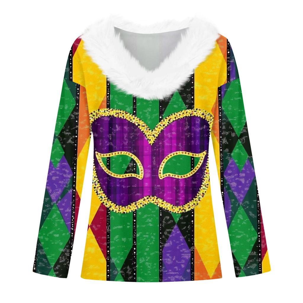 Dámský volný ležérní top s dlouhým rukávem a potiskem, plyšový límec ve tvaru V, top s dlouhým rukávem