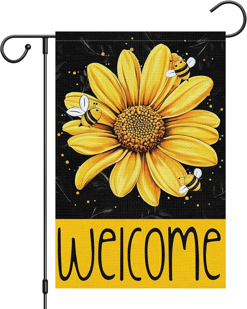 Heyfibro Welcome Summer Daisy Bee Garden ag 12x18 Double Sided Burlap, Spring ower Yard Banner for Rustic Seasonal Outsi UUN