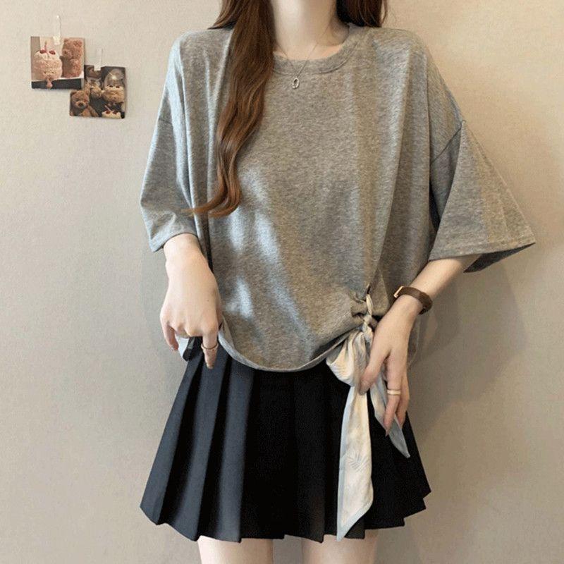 

Lightweight Cotton Tie‑Side T‑Shirt – Loose Fit Summer Top for Petite Women, Black/White/Grey 2XL сірий